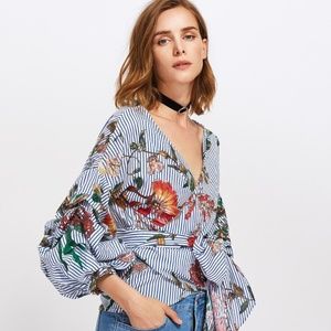 Gathered Sleeve Mixed Print Surplice Wrap Top